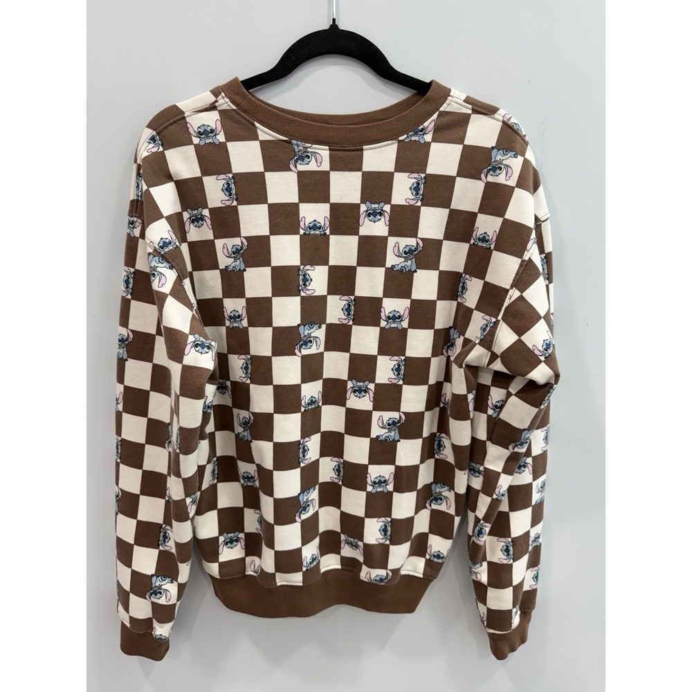 Disney Stitch Checkered Sweatshirt Brown Crewneck Pullover M Nostalgic Playful - Picture 3 of 7